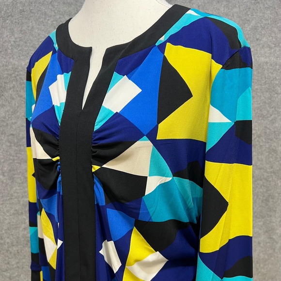 Valerie Stevens Geometric Print Long Sleeve Tunic Dress Blue Yellow Black Large - Picture 2 of 7